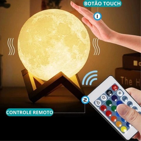 Luminária lua cheia que funciona com controle remoto ou touch