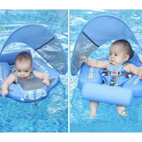 Criança deitada de frente e de costas usando a boia para bebês com proteção solar e cauda de sustentação