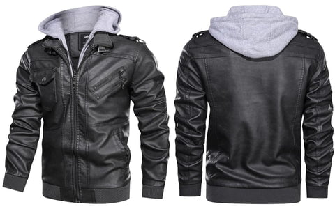 Jaqueta de Couro Masculina Com Capuz Premium Man 14 frente e Verso Jaqueta de Couro Masculina Com Capuz