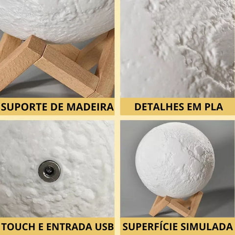 Luminária lua cheia com suporte de madeira, detalhes realísticos em PLA, entrada USB e Touch