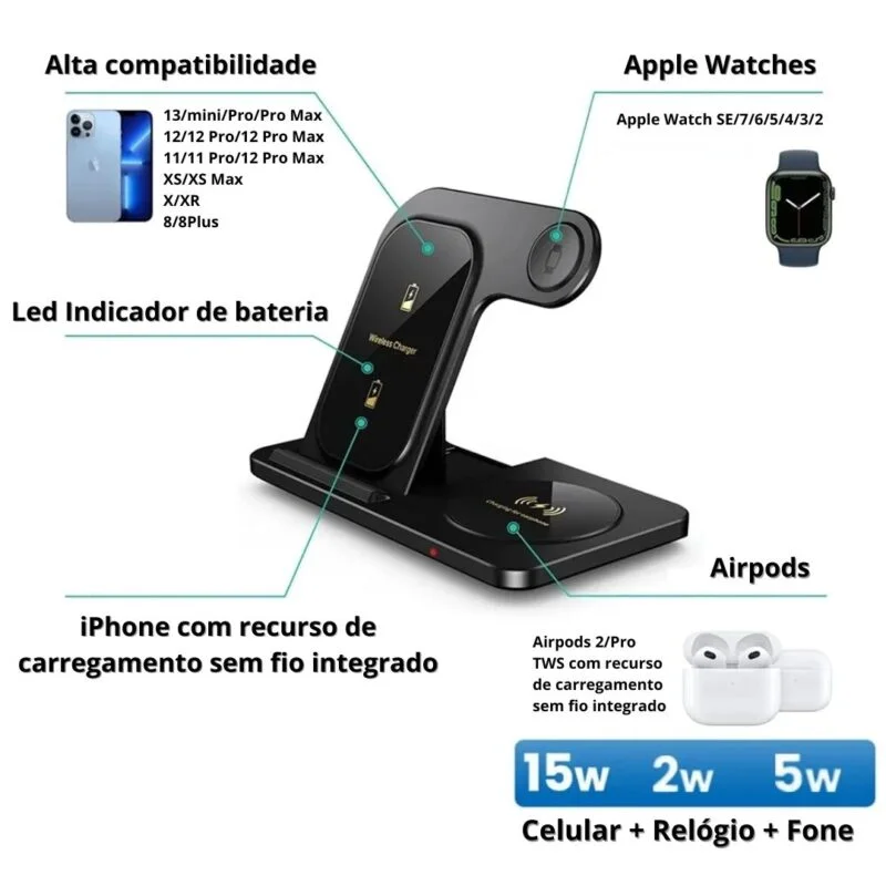 Base Carregador 5 em 1 Power Indução Magsafe Touch Screen Para iPhone Apple Watch AirPods