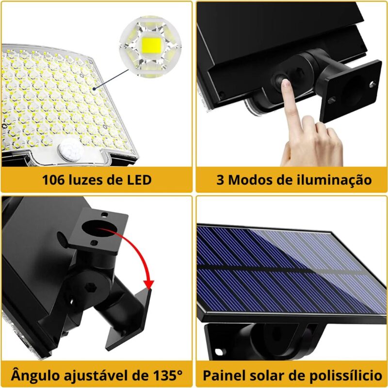 Refletor Super Potente 106 LEDs Energia Solar 800W À Prova D’Água Com Sensor de Movimentos
