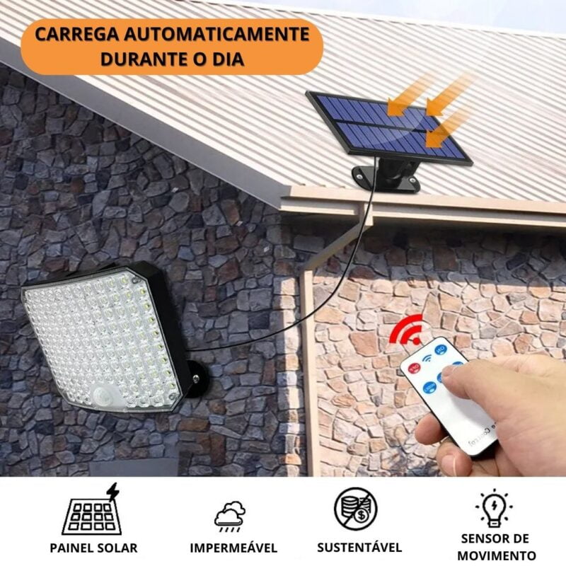 Refletor Super Potente 106 LEDs Energia Solar 800W À Prova D’Água Com Sensor de Movimentos