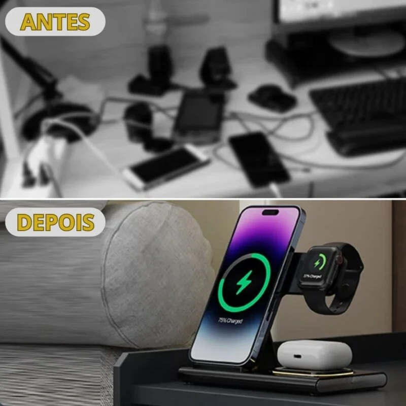 Base Carregador 3 Em 1 Power Indução Touch Screen Para IPhone e Android
