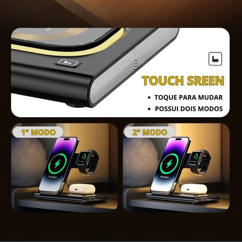 Base Carregador 3 Em 1 Power Indução Touch Screen Para IPhone e Android