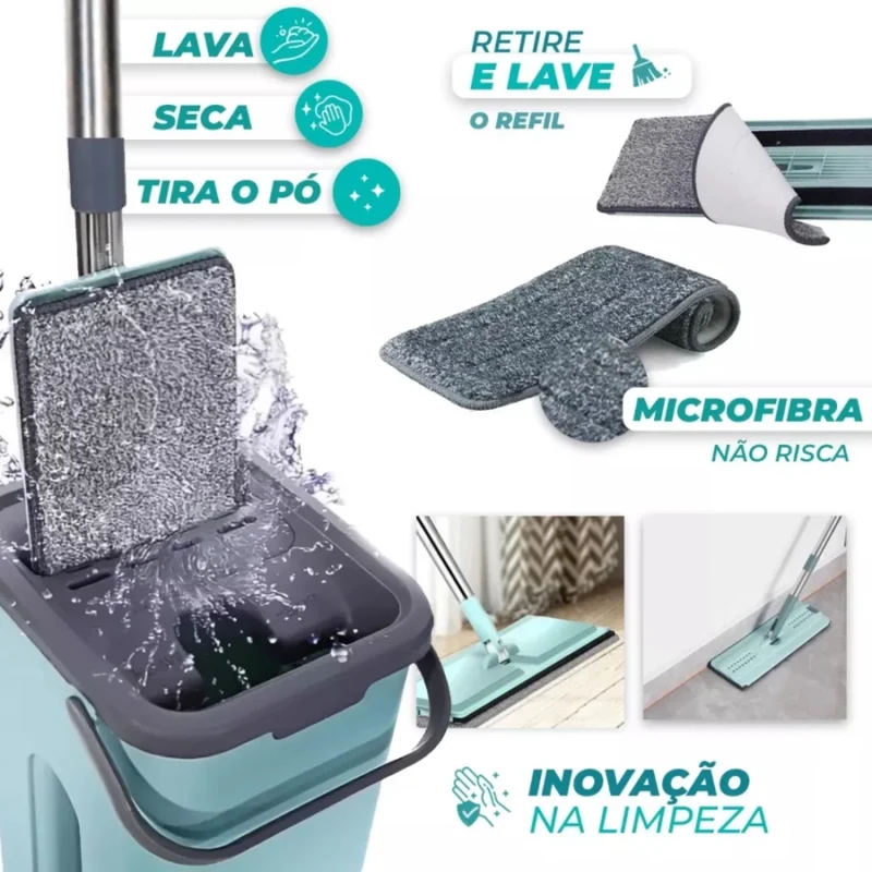 Mop Flat Esfregão Com Balde Rodo Mágico Lava Seca E Tira Pó - Image 3